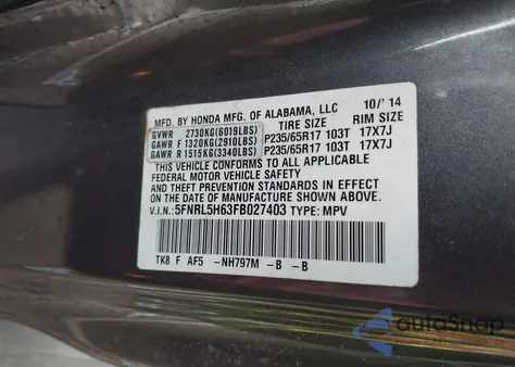 2015 Honda Odyssey Ex-L z USA, uszkodzony, nr VIN 5FNRL5H63FB027403